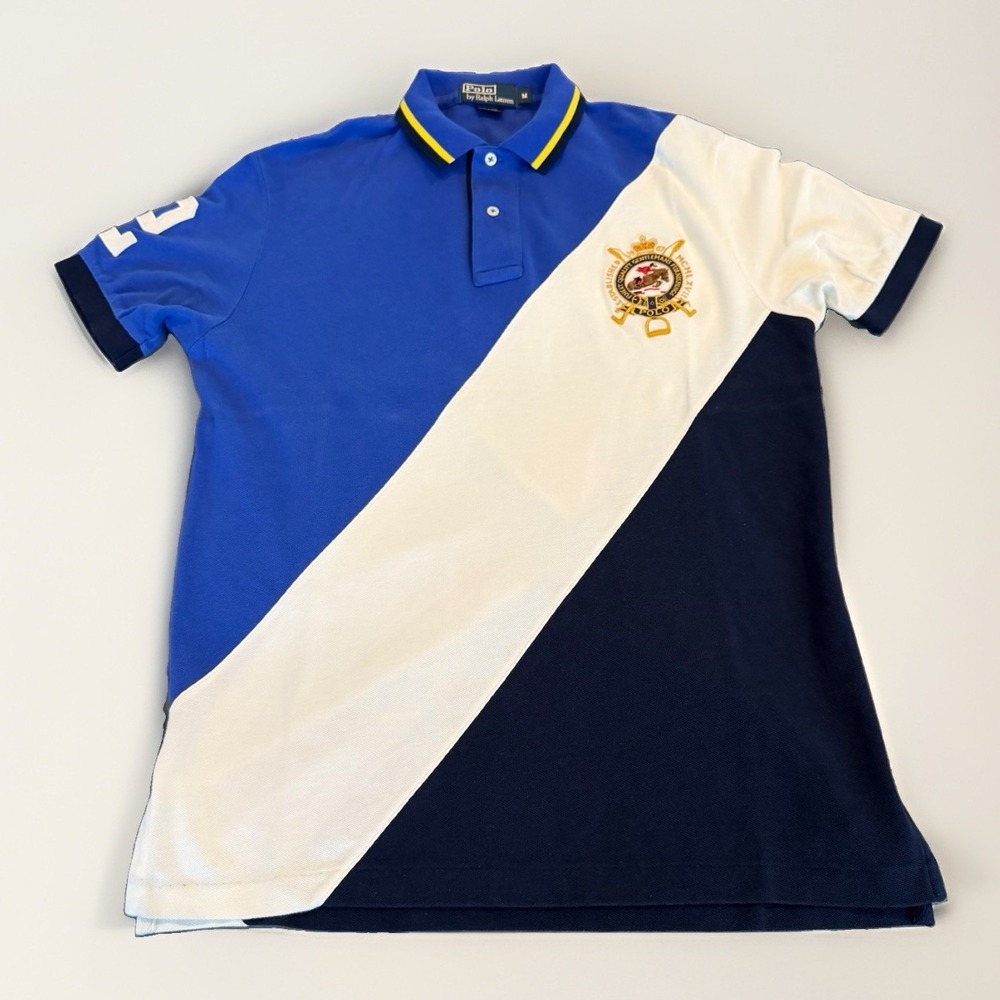 VINTAGE Polo Ralph Lauren Men M Blue White Stripe Crest Rugby Polo Shirt #2